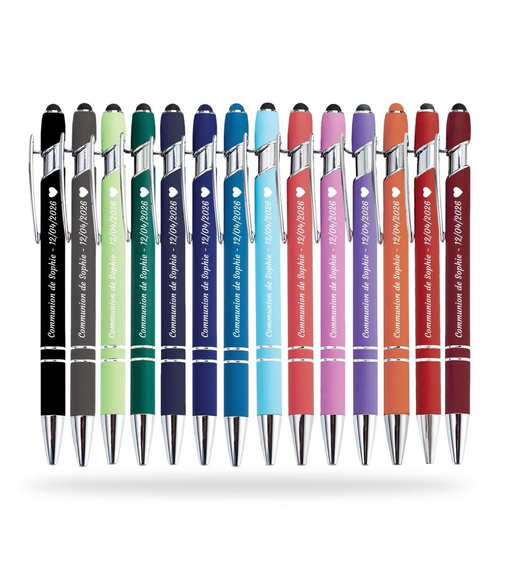 Lote de 14 bolígrafos personalizados Soft Touch Chrome — Arcoíris