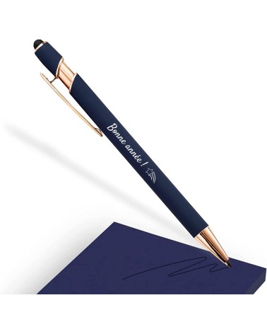 Stylo Personnalisé Rose Gold – Bleu Marine | Gravure Laser Blanche | Soft Touch 2-en-1