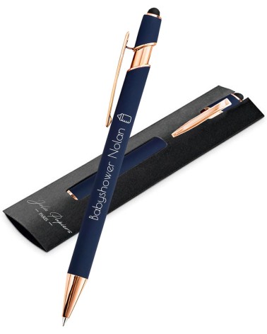 Stylo Personnalisé Rose Gold – Bleu Marine | Gravure Laser Blanche | Soft Touch 2-en-1