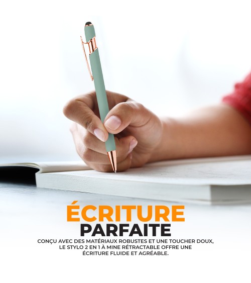 Stylo personnalisé Pastel Soft Touch 2 en 1 finition Rose Gold avec stylet – Gravure laser