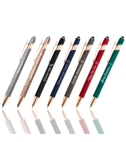 Lot de 2 stylos personnalisés Soft Touch 2 en 1 – Finition Rose Gold avec stylet