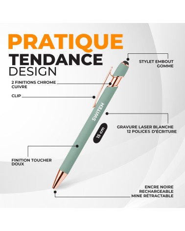 Lot de 10 stylos personnalisés Pastel Soft Touch 2 en 1 – Gravure laser