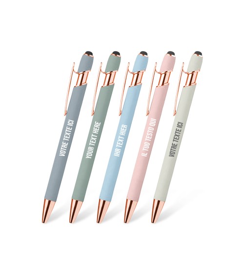 Lot de 2 stylos personnalisés Pastel Soft Touch 2 en 1 finition Rose Gold – Gravure laser