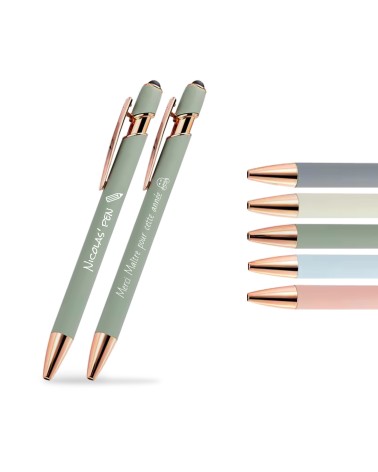 Lot de 2 stylos personnalisés Pastel Soft Touch 2 en 1 finition Rose Gold – Gravure laser