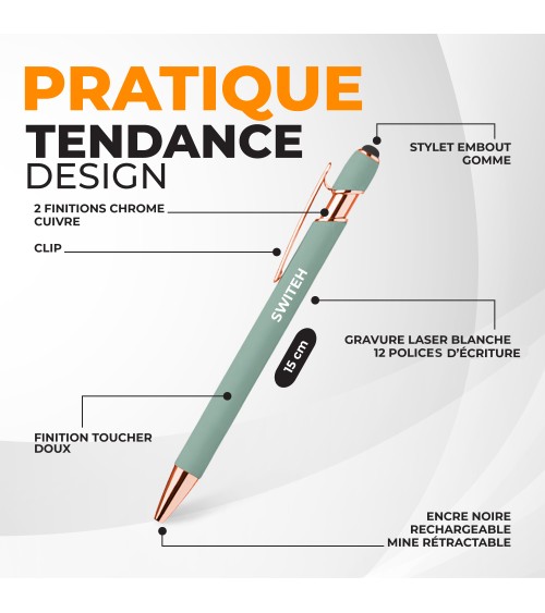Lot de 10 stylos personnalisés Pastel Soft Touch 2 en 1 finition Rose Gold – Gravure laser