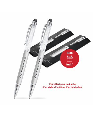 Lot de 2 stylos personnalisés avec Cristaux – Finition Chrome avec stylet