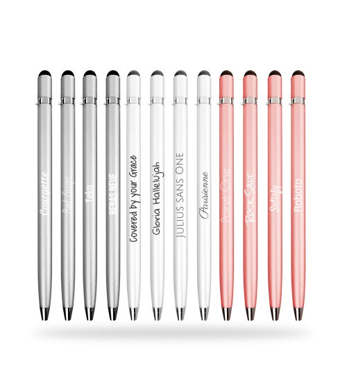 Lot Arc-en-ciel de 12 stylos personnalisés Design avec stylet – Gravure laser