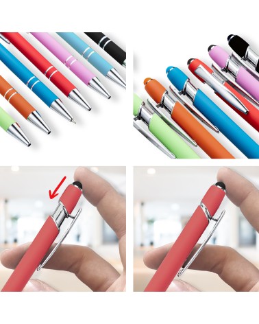 Lot Arc-en-ciel de 14 stylos personnalisés Soft Touch 2 en 1 – Spécial fêtes avec ravure laser