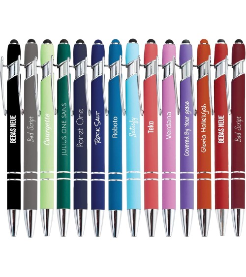 Lot Arc-en-ciel de 14 stylos personnalisés Soft Touch 2 en 1 – Spécial fêtes avec ravure laser