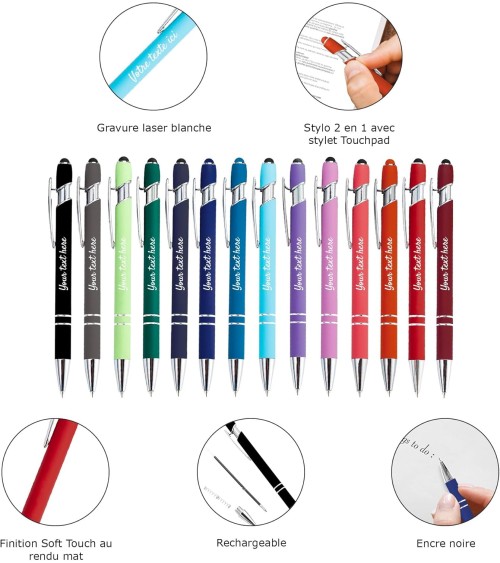 Lot Arc-en-ciel de 14 stylos personnalisés Soft Touch 2 en 1 – Spécial fêtes avec ravure laser