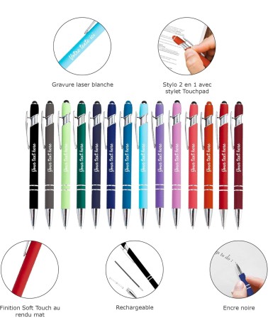Lot Arc-en-ciel de 14 stylos personnalisés Soft Touch 2 en 1 – Spécial fêtes avec ravure laser
