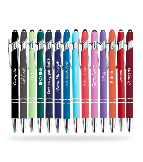 Lot Arc-en-ciel de 14 stylos personnalisés Soft Touch 2 en 1 – Stylet intégré & Gravure laser