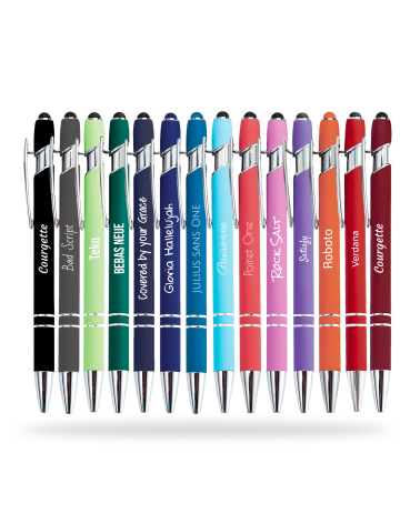 Lot Arc-en-ciel de 14 stylos personnalisés Soft Touch 2 en 1 – Stylet intégré & Gravure laser