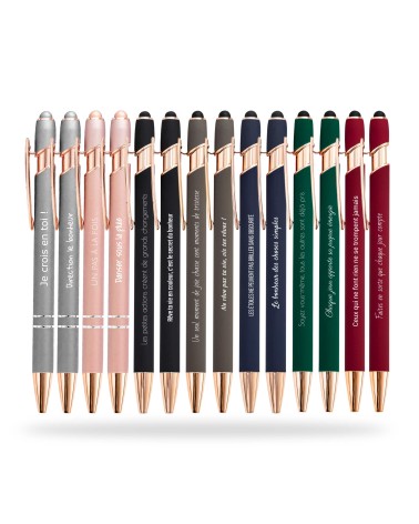 Lot Arc-en-ciel de 14 stylos personnalisés Soft Touch 2 en 1 Finition Rose Gold – Stylet intégré & Gravure laser