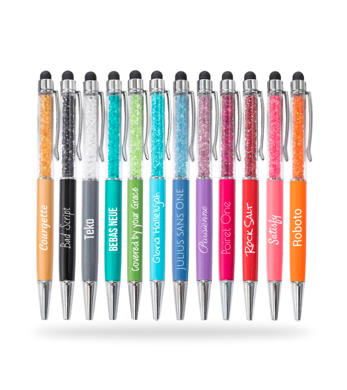 Lot Arc-en-ciel de 12 stylos personnalisés avec Cristaux – Finition Chrome avec stylet & gravure laser