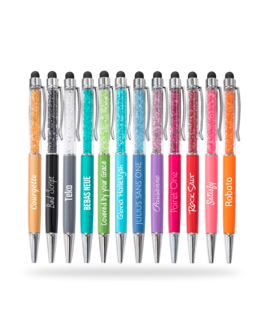 Lot Arc-en-ciel de 12 stylos personnalisés avec Cristaux – Finition Chrome avec stylet & gravure laser