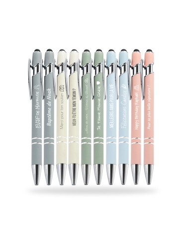 Lot Arc-en-ciel de 10 stylos personnalisés Pastels Soft Touch 2 en 1 - Stylet intégré & Gravure laser