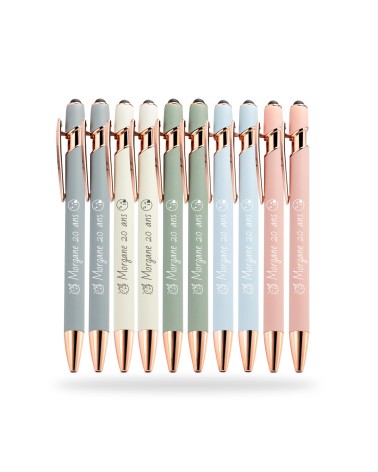 Lot Arc-en-ciel de 10 stylos personnalisés Pastels Soft Touch 2 en 1 Finition Rose Gold – Stylet intégré & Gravure laser