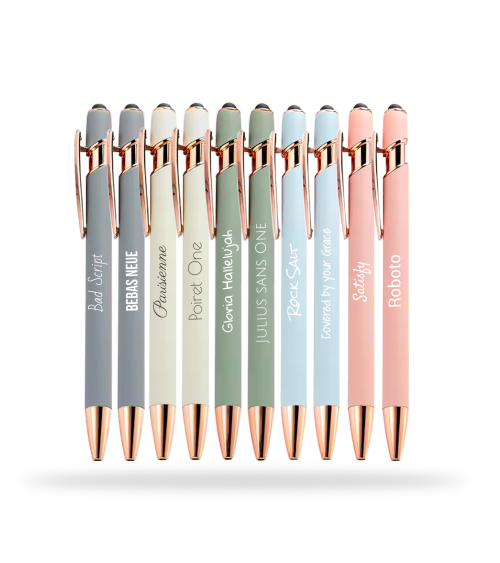Lot Arc-en-ciel de 10 stylos personnalisés Pastels Soft Touch 2 en 1 Finition Rose Gold – Stylet intégré & Gravure laser