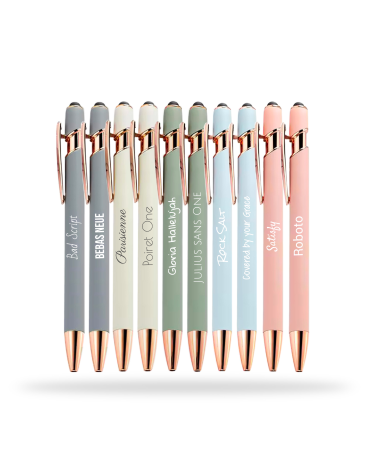 Lot Arc-en-ciel de 10 stylos personnalisés Pastels Soft Touch 2 en 1 Finition Rose Gold – Stylet intégré & Gravure laser