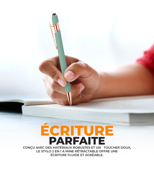 Lot Arc-en-ciel de 10 stylos personnalisés Pastels Soft Touch 2 en 1 Finition Rose Gold – Stylet intégré & Gravure laser
