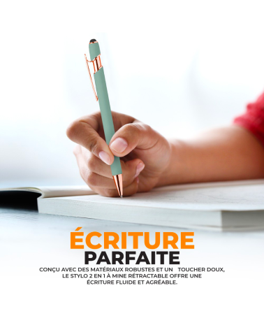 Lot Arc-en-ciel de 10 stylos personnalisés Pastels Soft Touch 2 en 1 Finition Rose Gold – Stylet intégré & Gravure laser