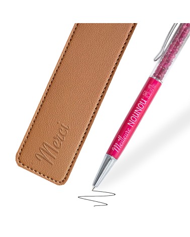 Stylo Personnalisé "Meilleure nounou" Fuchsia Cristaux dans son étui
