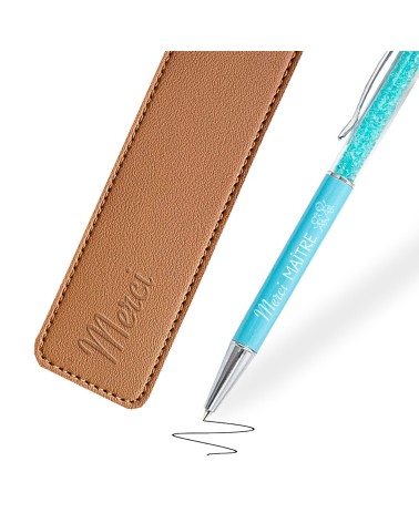 Stylo Personnalisé "Merci maître" Bleu Caraïbes Cristaux dans son étui