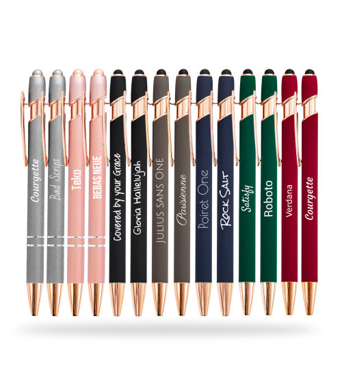 Lot Arc-en-ciel de 14 stylos personnalisés Soft Touch 2 en 1 Finition Rose Gold – Stylet intégré & Gravure laser