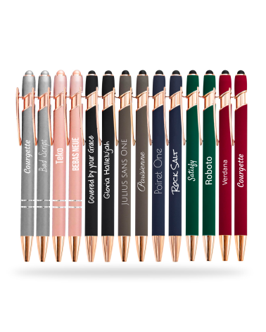 Lot Arc-en-ciel de 14 stylos personnalisés Soft Touch 2 en 1 Finition Rose Gold – Stylet intégré & Gravure laser