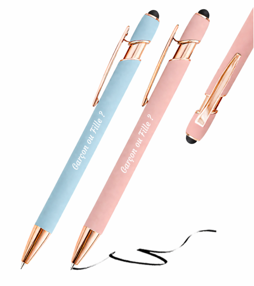 Stylos Personnalisés Pastel Rose Gold Soft Touch "Garçon ou Fille ?" lot de 12