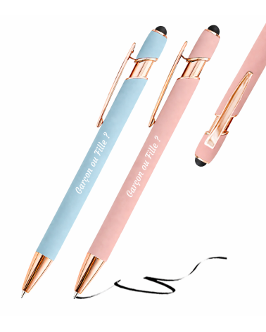 Stylos Personnalisés Pastel Rose Gold Soft Touch "Garçon ou Fille ?" lot de 12