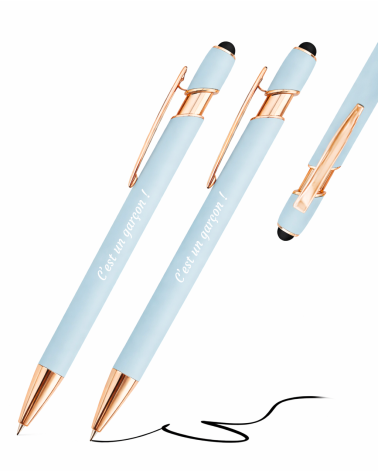 Stylos Personnalisés Pastel Rose Gold Soft Touch "C'est un garçon !" lot de 12