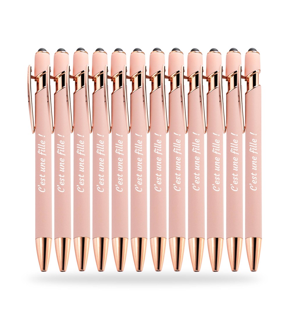 Stylos Personnalisés Pastel Rose Gold Soft Touch "C'est une fille !" lot de 12